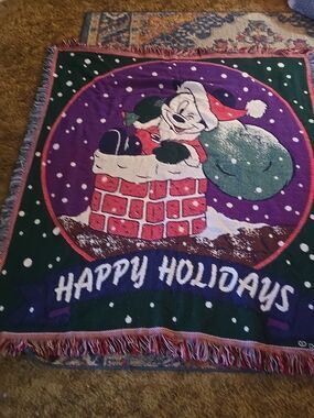 Disney Mickey Mouse Santa Cotton Blanket / Wall Hanging 60 X 50  Happy Holidays!